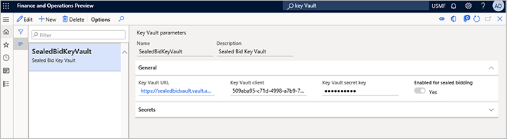 Key Vault parameters page Key Vault parameters page