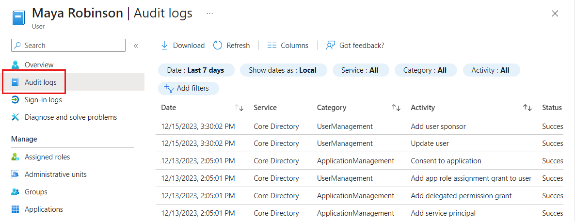 Screenshot showing an example of audit log output.