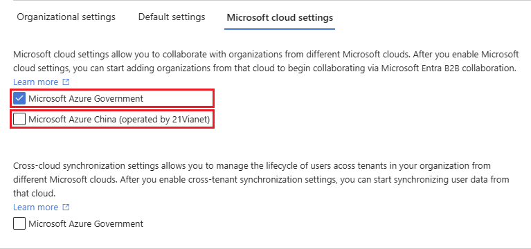 Screenshot showing Microsoft cloud settings.