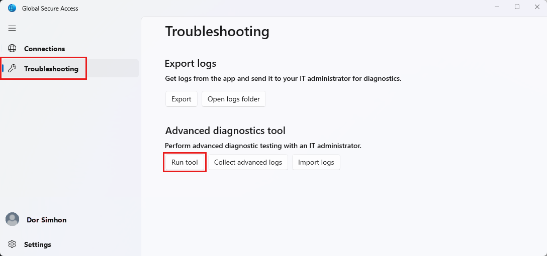 Screenshot of the Troubleshooting view of the Global Secure Access client interface with the Run tool button highlighted.