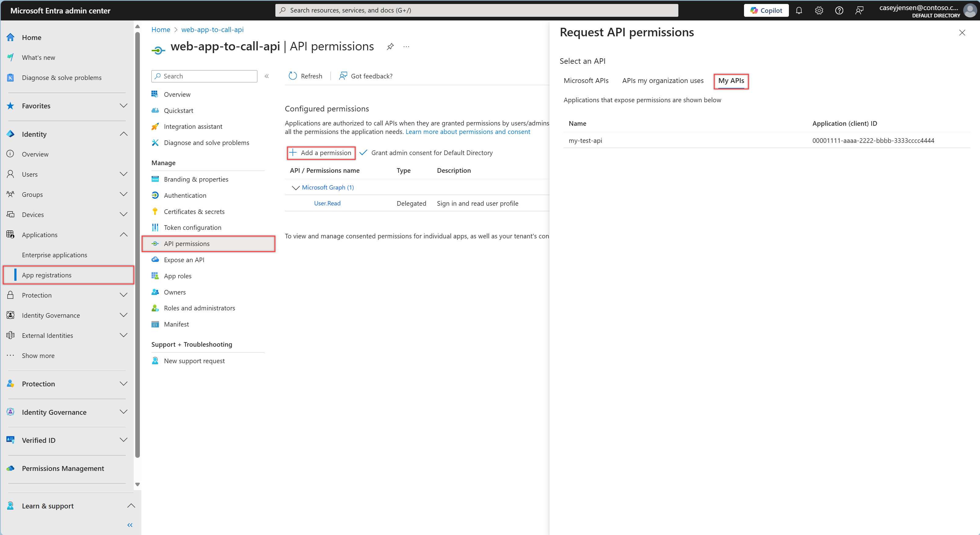 Screenshot with highlighted buttons of App registrations, API permissions, Add a permission and My APIs to enable the user to request API permissions.
