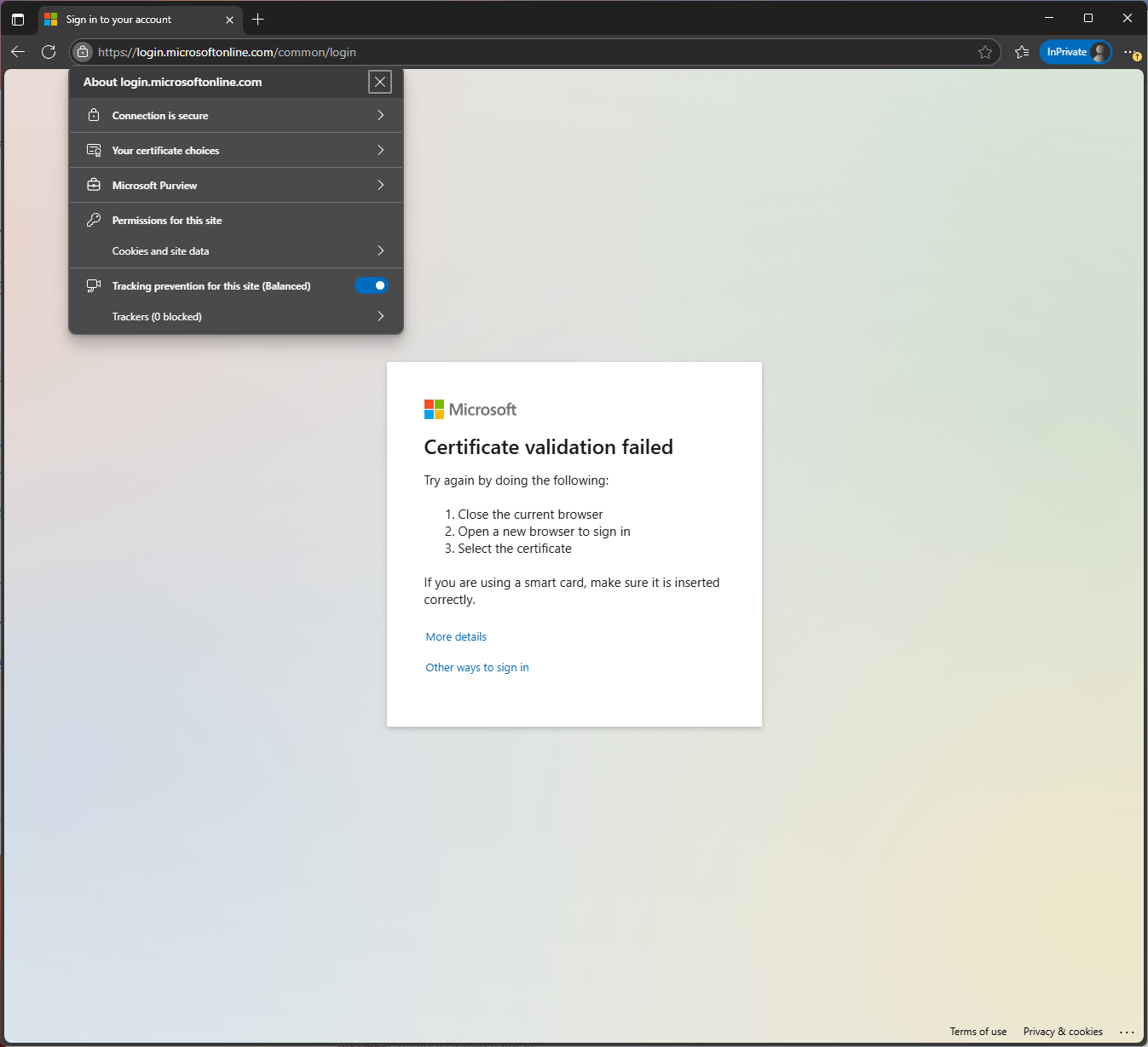 Screenshot of edge browser certificate choice.