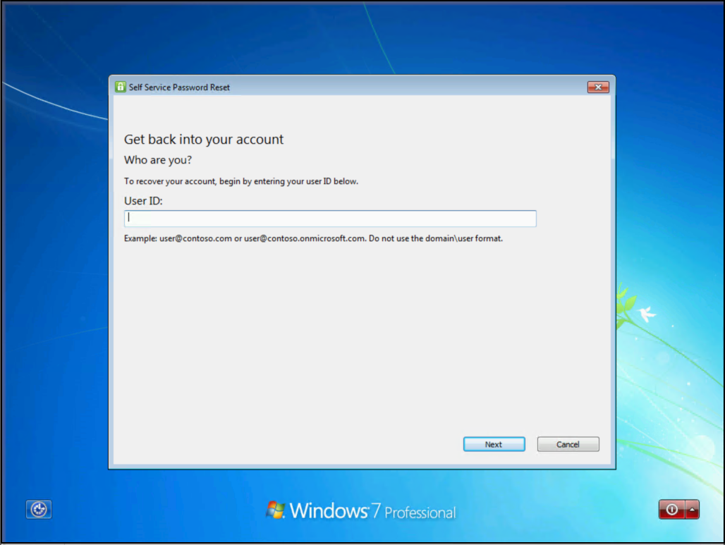 Screenshot that shows an example of Windows 7 with the Forgot password? SSPR flow.