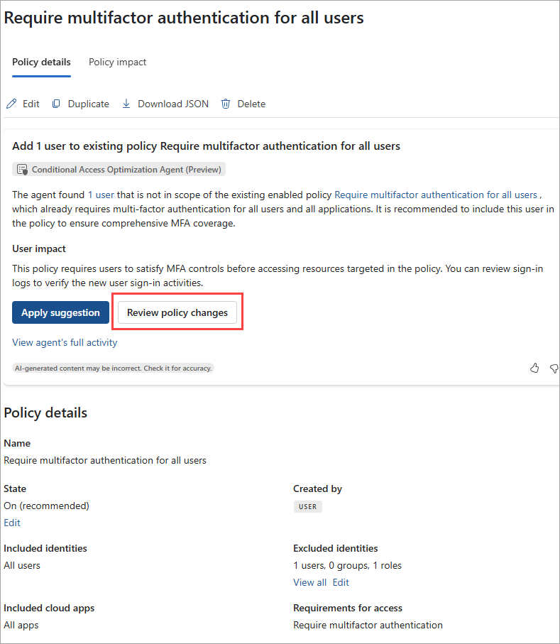 Screenshot of the policy suggestion details to require multifactor authentication for all users.