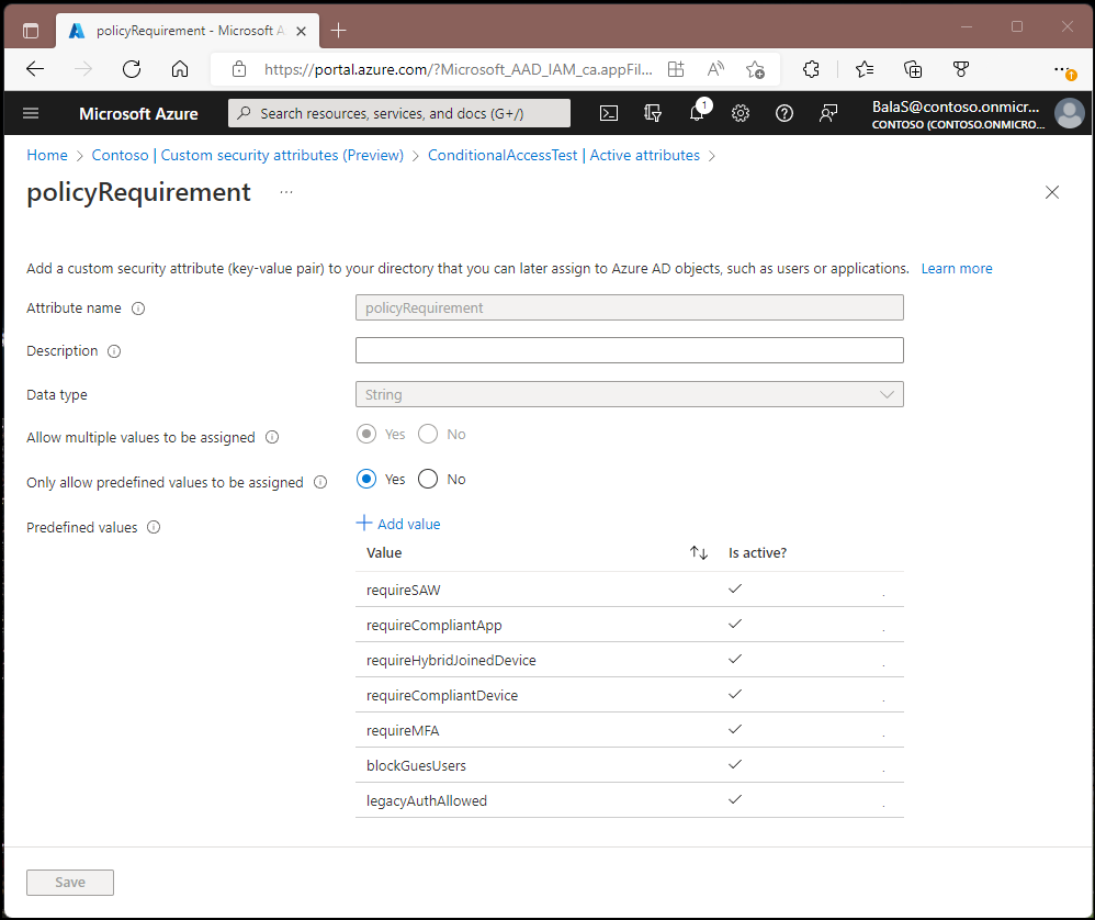 A screenshot showing custom security attribute and predefined values in Microsoft Entra ID.