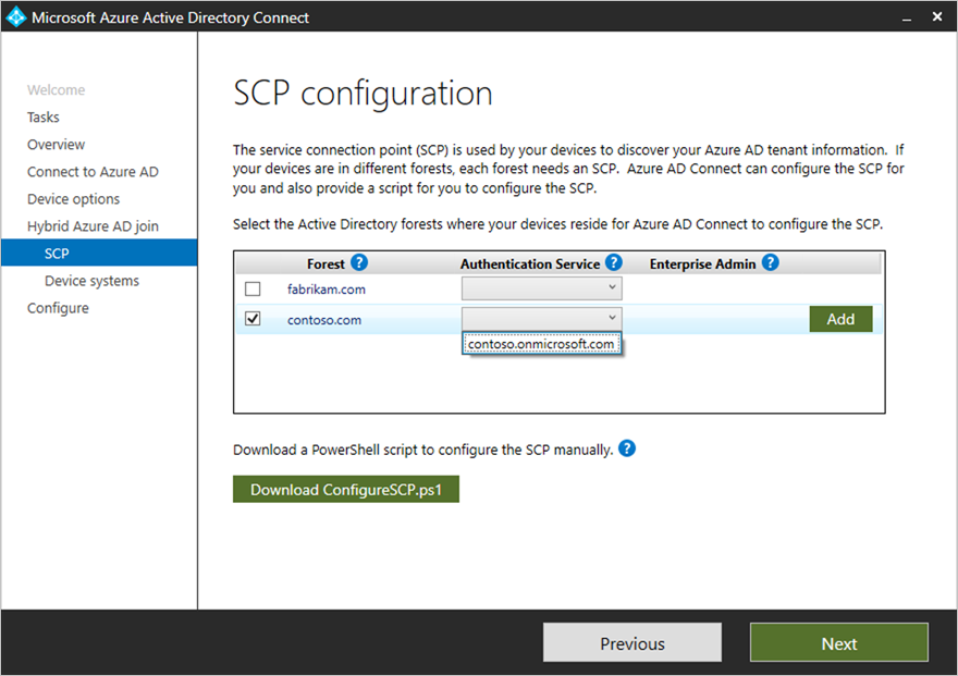 A screenshot showing Microsoft Entra Connect and options to for SCP configuration in a managed ___domain.
