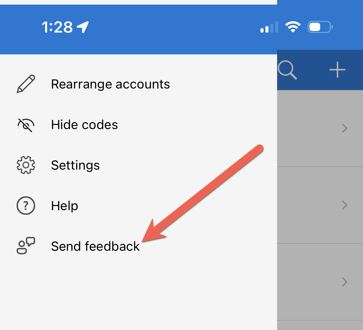 Screenshot showing the ___location of the send feedback option in the Microsoft Authenticator app.