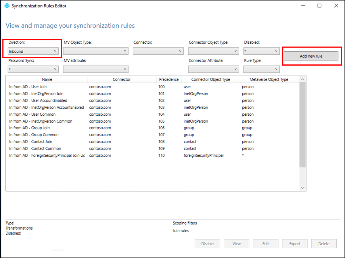 Screenshot that shows the View and manage your synchronization rules window with Inbound and the Add new rule button selected.