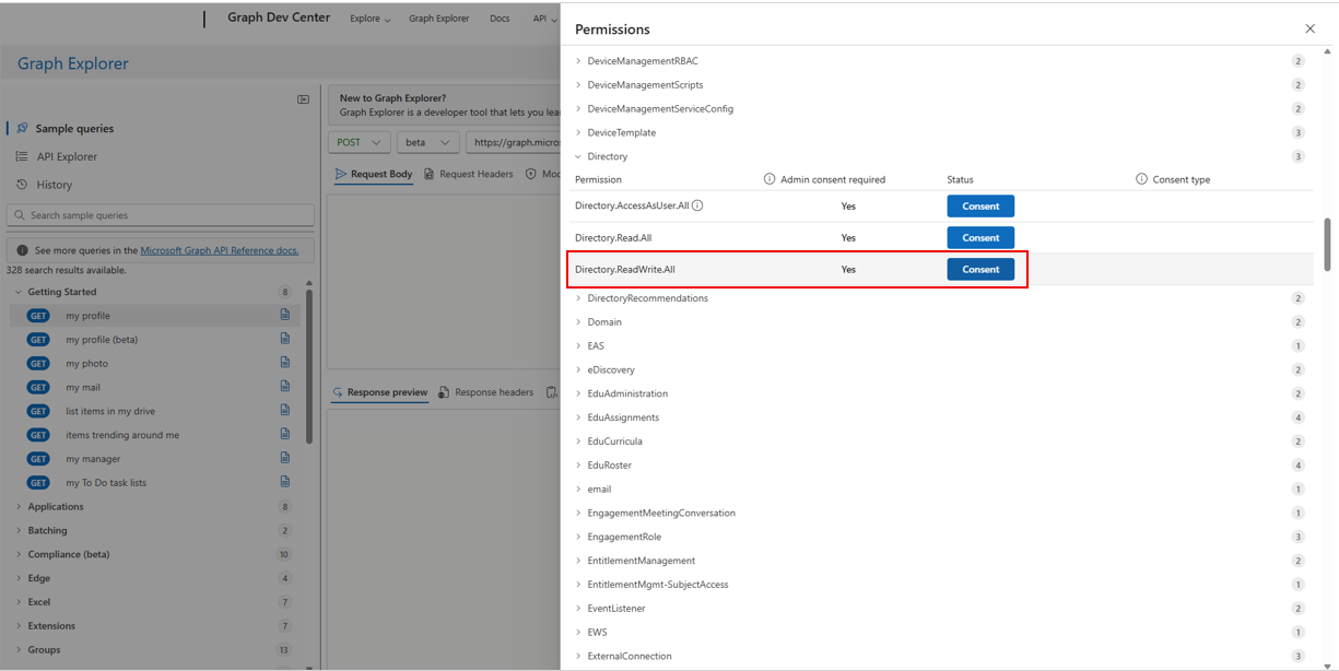 Screenshot of the Permissions screen in Graph Explorer, where the admin is selecting the option to provide consent for the Directory.ReadWrite.All permission.