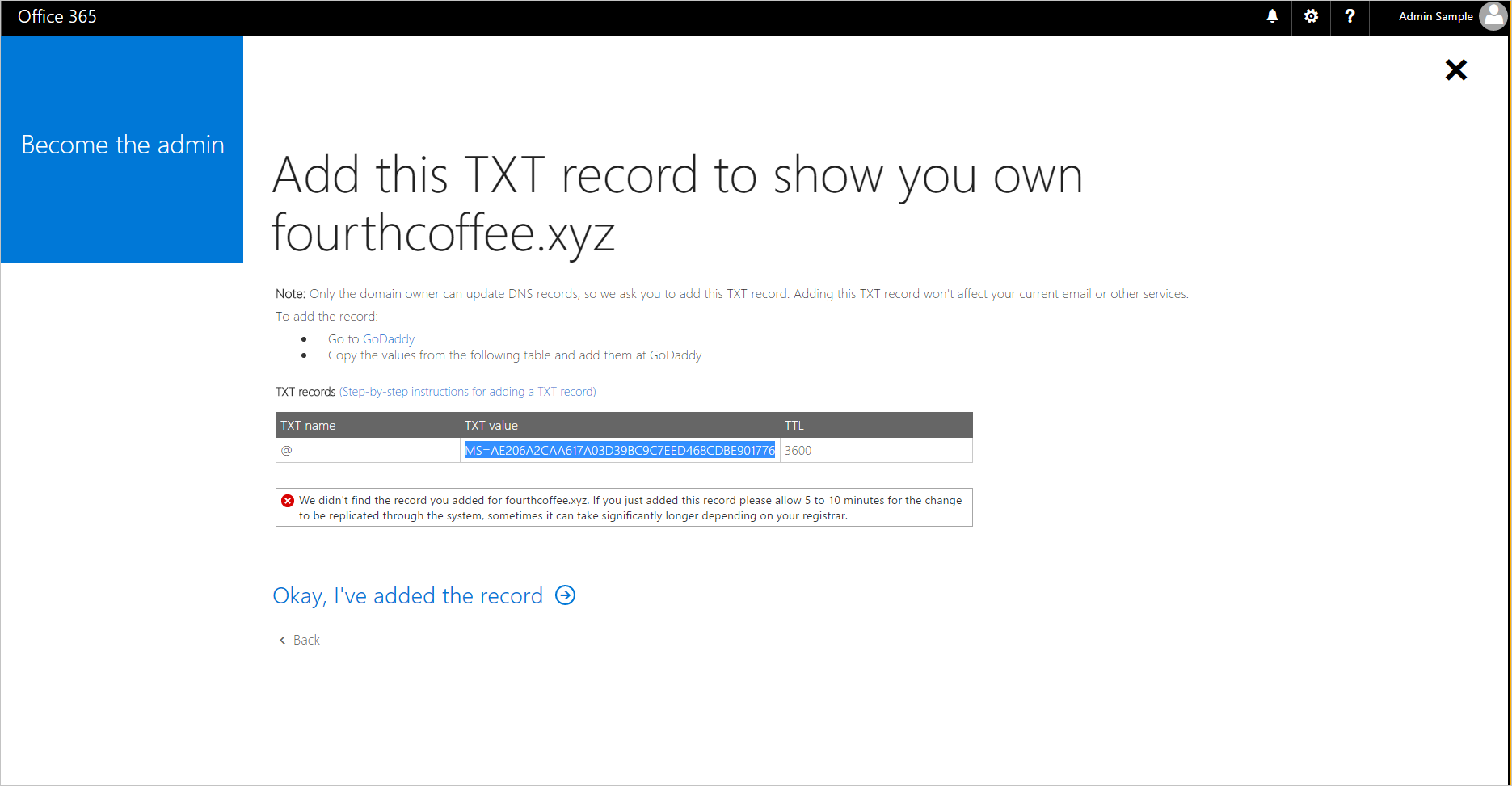 Screenshot of Add a TXT record for the ___domain name.