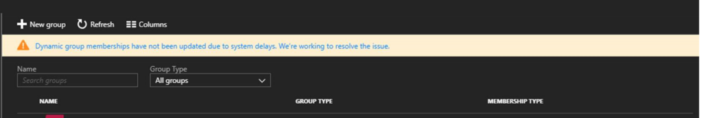 Screenshot of an alert that says dynamic group memberships have not been updated due to system delays.