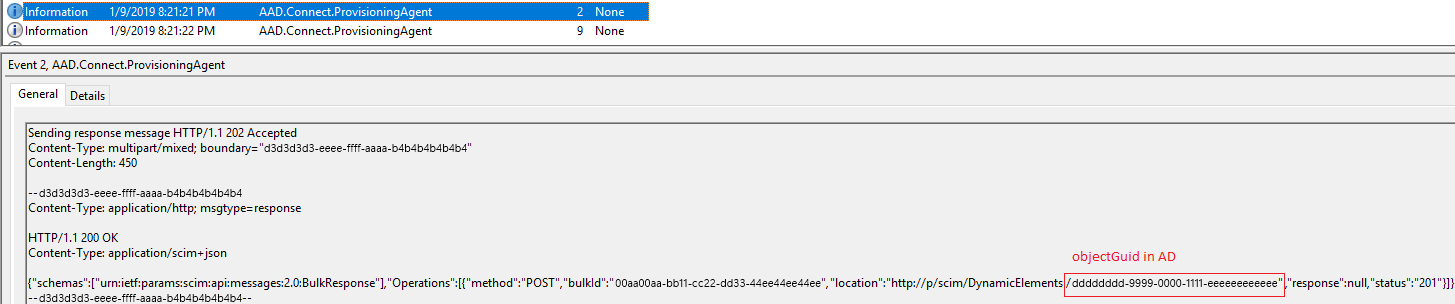 Screenshot that shows the 'Provisioning Agent' log with the objectGuid created in AD highlighted.
