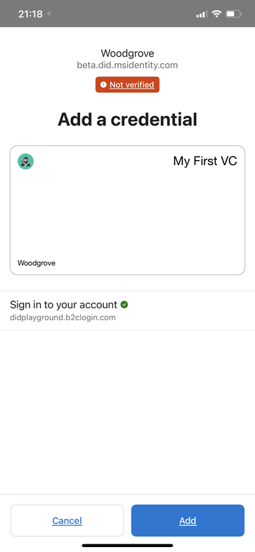 Screenshot that shows the unverified ___domain warning on the Add a credential screen.