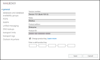 The General tab in Exchange server properties in the EAC for a licensed server.