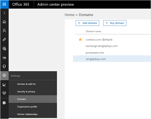 Screenshot shows admin center with the Domains option selected. Domain names are shown on the page along with the options to add or buy a ___domain.