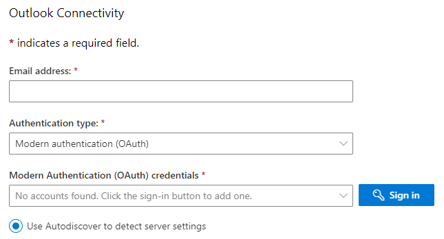Screenshot of the Outlook Connectivity form, showing required fields of email address, authentication type, and credentials.
