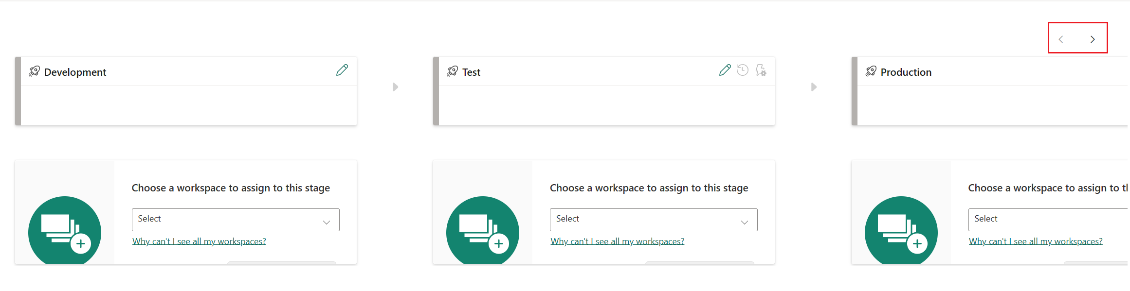 Screenshot of arrows in the top right corner of the deployment pipelines home screen for navigating between stages.