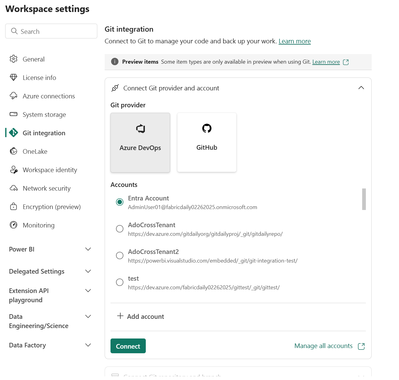 Screenshot of workspace settings window with Git integration selected.