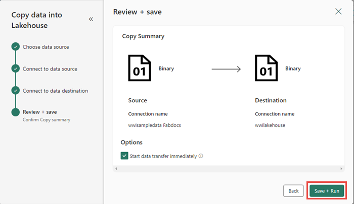 Screenshot showing the copy activity summary.