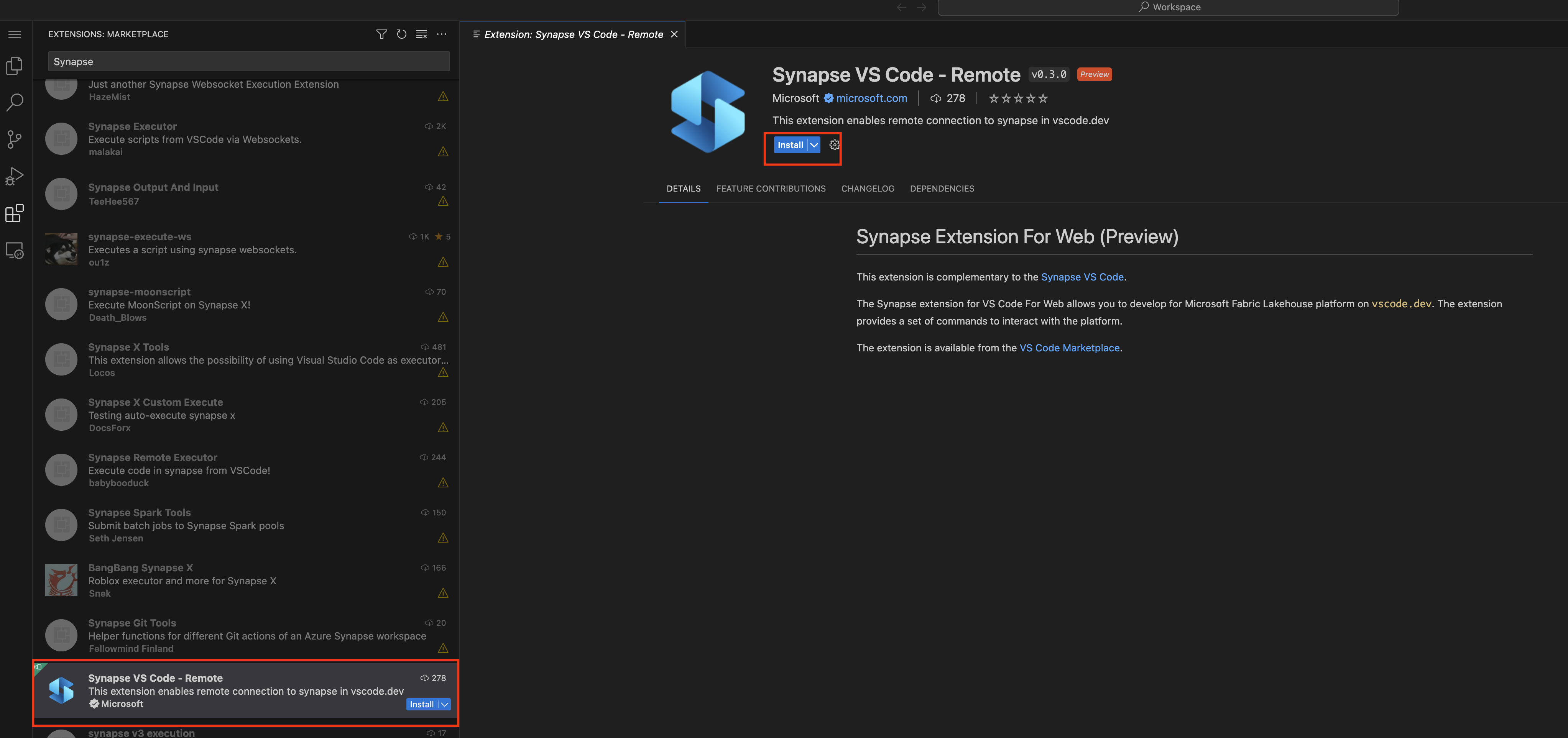 Screenshot that shows installation of Fabric Data Engineering VS Code extension web.