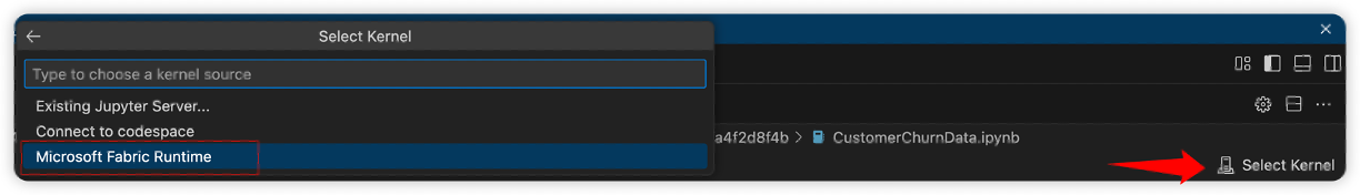 Screenshot showing how to select Microsoft Fabric Runtime.