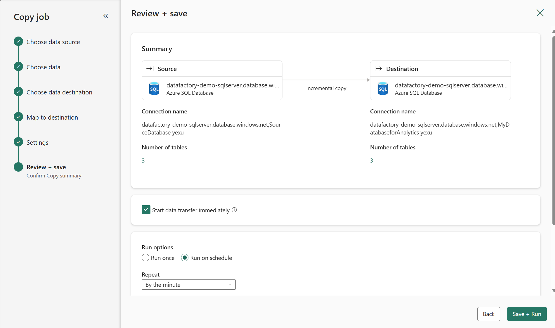 Screenshot showing where to review and save the newly created Copy job.