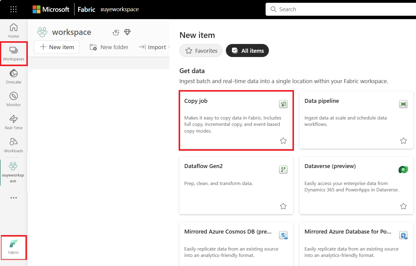 Screenshot showing where to navigate to the Data Factory home page and create a new Copy job.