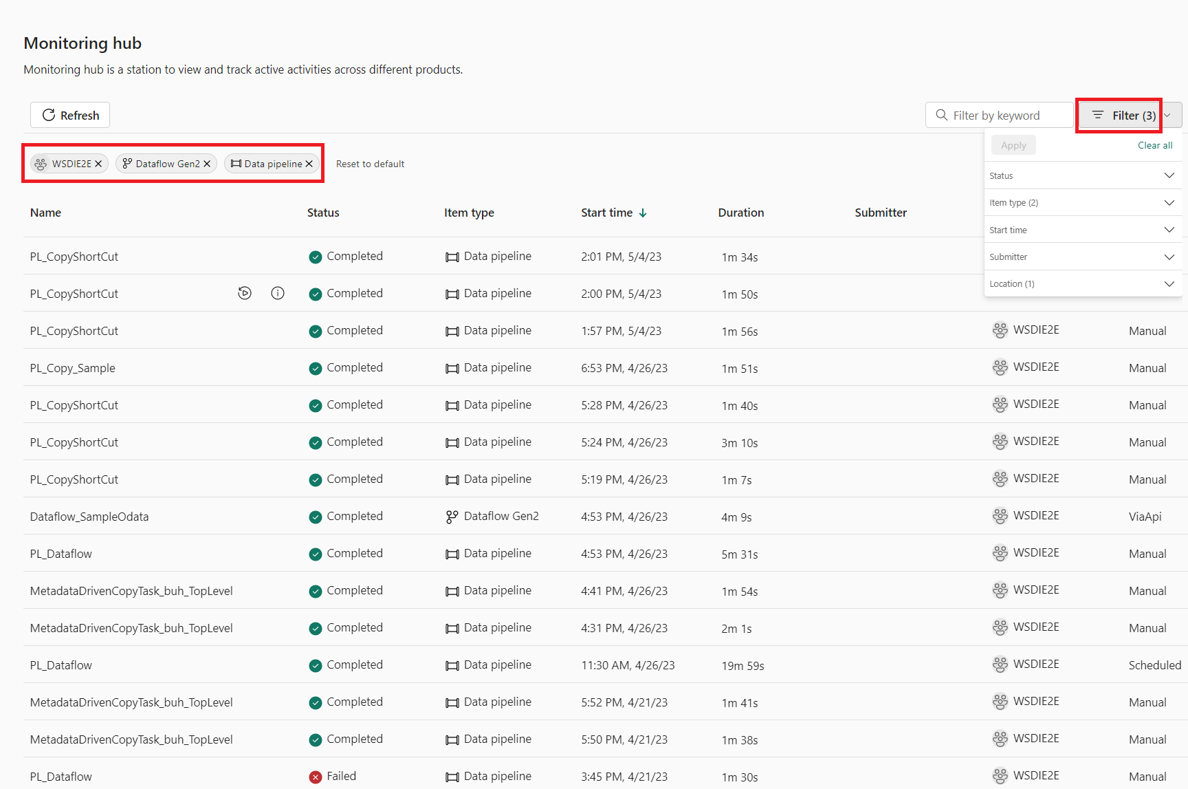Screenshot showing the filter data pipelines.