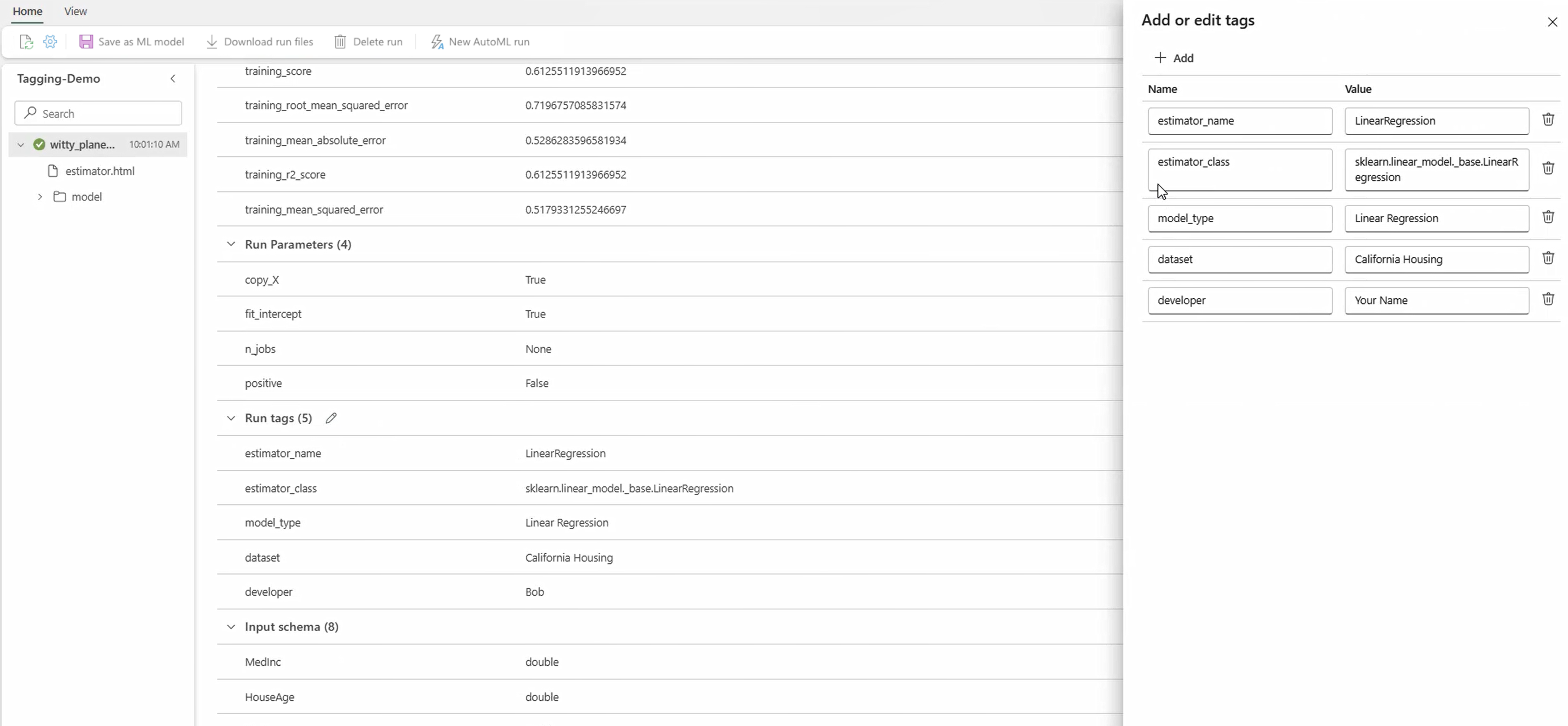 Screenshot showing tags applied to a run in the details page.
