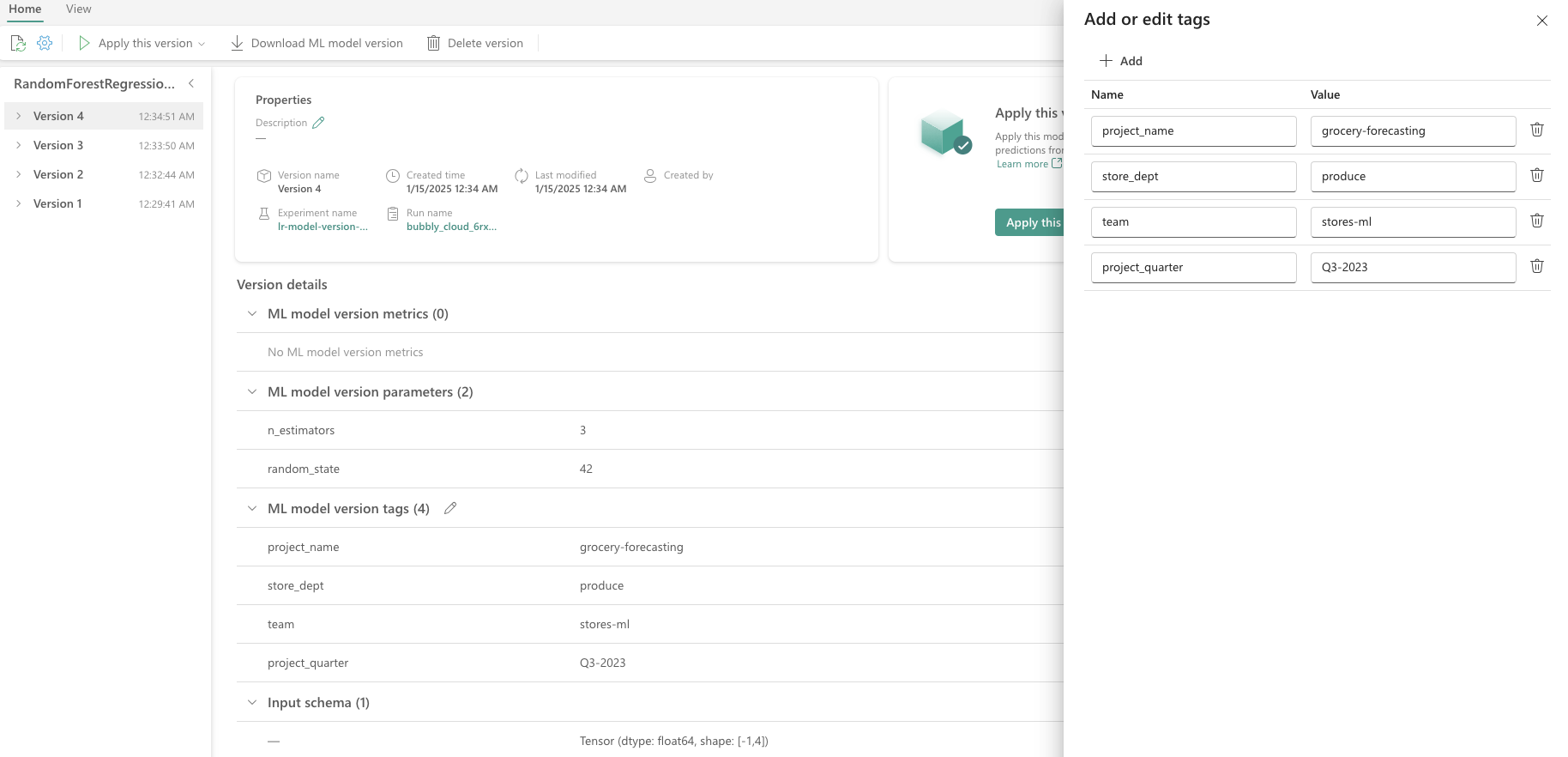 Screenshot showing tags applied to a run in the details page.