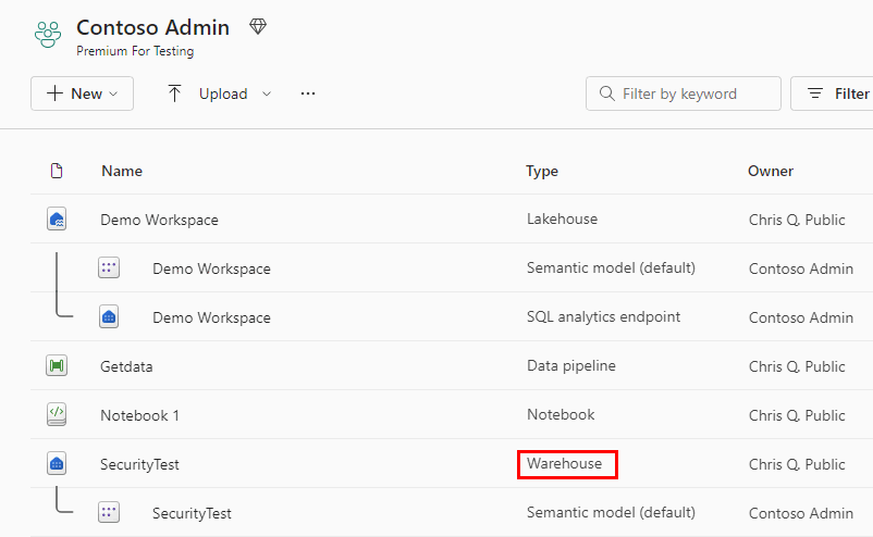 Screenshot showing the Warehouse type in workspace.