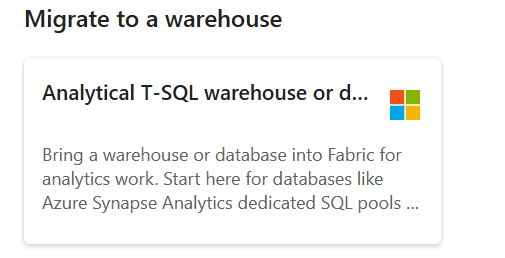 Screenshot from the Fabric portal of the Analytical T-SQL warehouse or database tile..