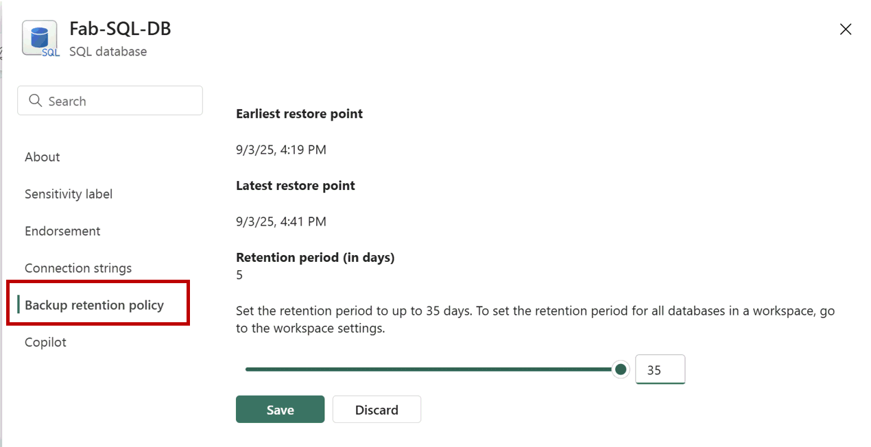 Screenshot from the Fabric portal showing how to change the backup retention policy in database Settings.