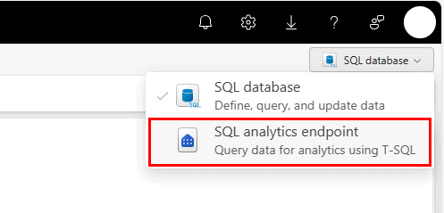 Screenshot from the Fabric portal of the drop-down list selector of SQL database or SQL analytics endpoint.
