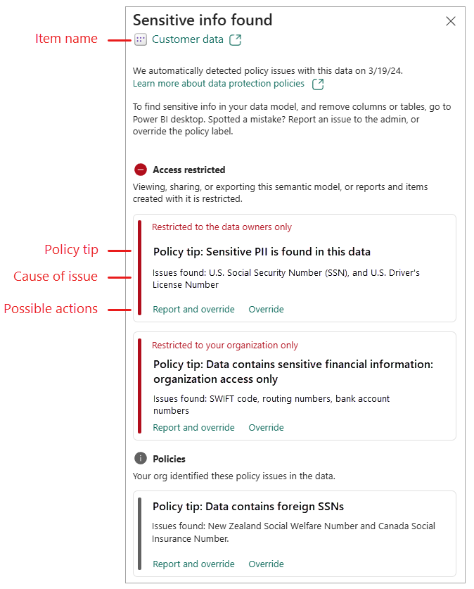 Screenshot of DLP policies side pane.