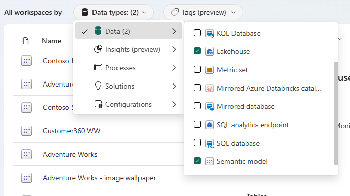 Screenshot of the OneLake catalog's item type selector.