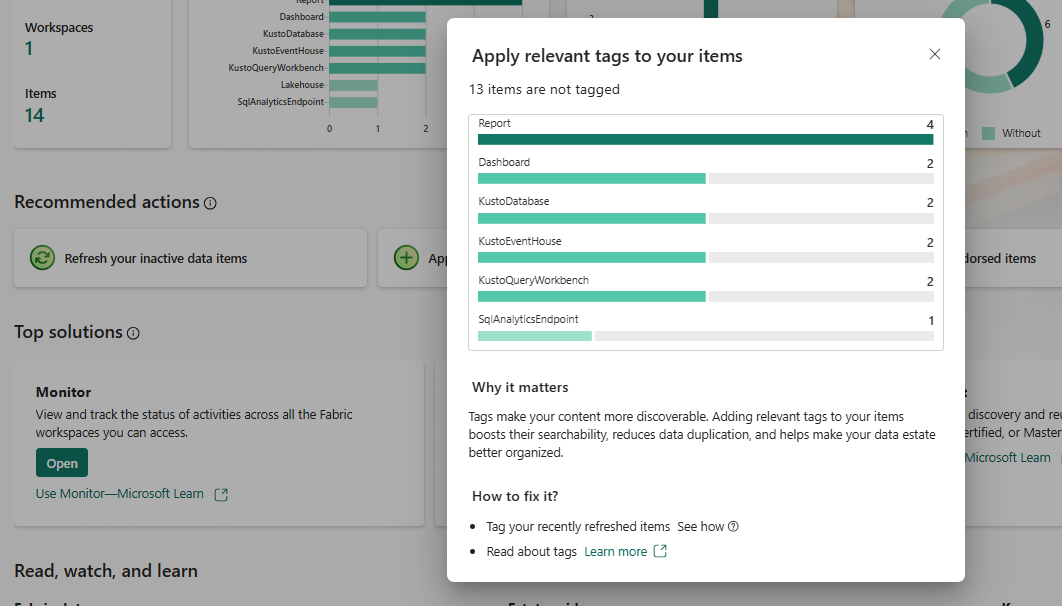 Screenshot showing the recommended action guidance tool-tip.