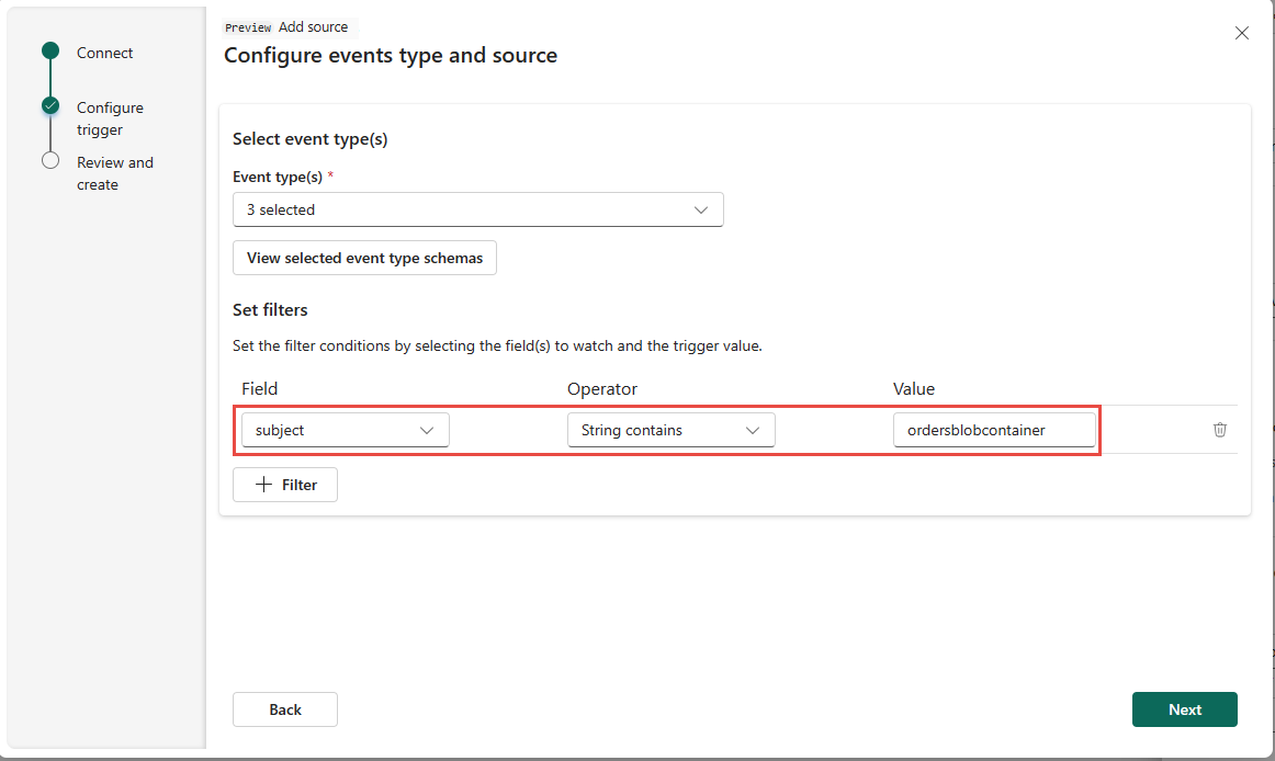 Screenshot that shows a sample filter for Azure blob storage events.