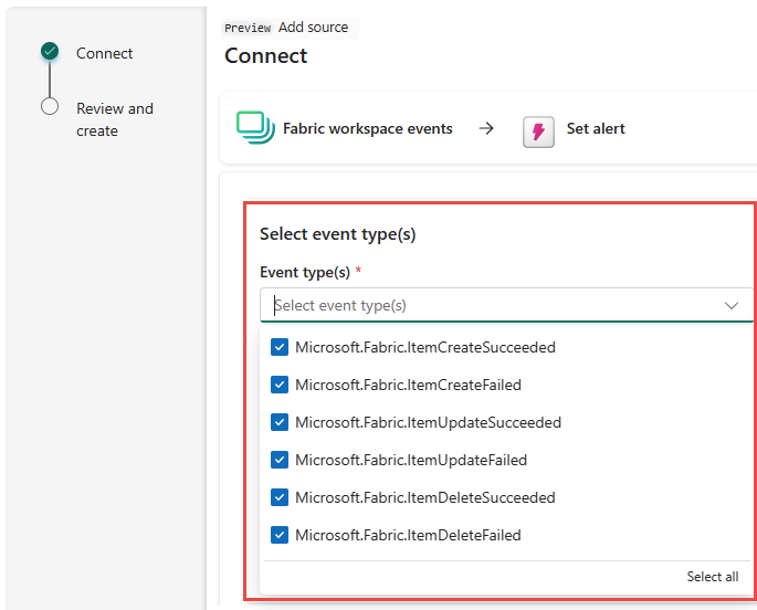 Screenshot that shows the event types for Fabric workspace item events.