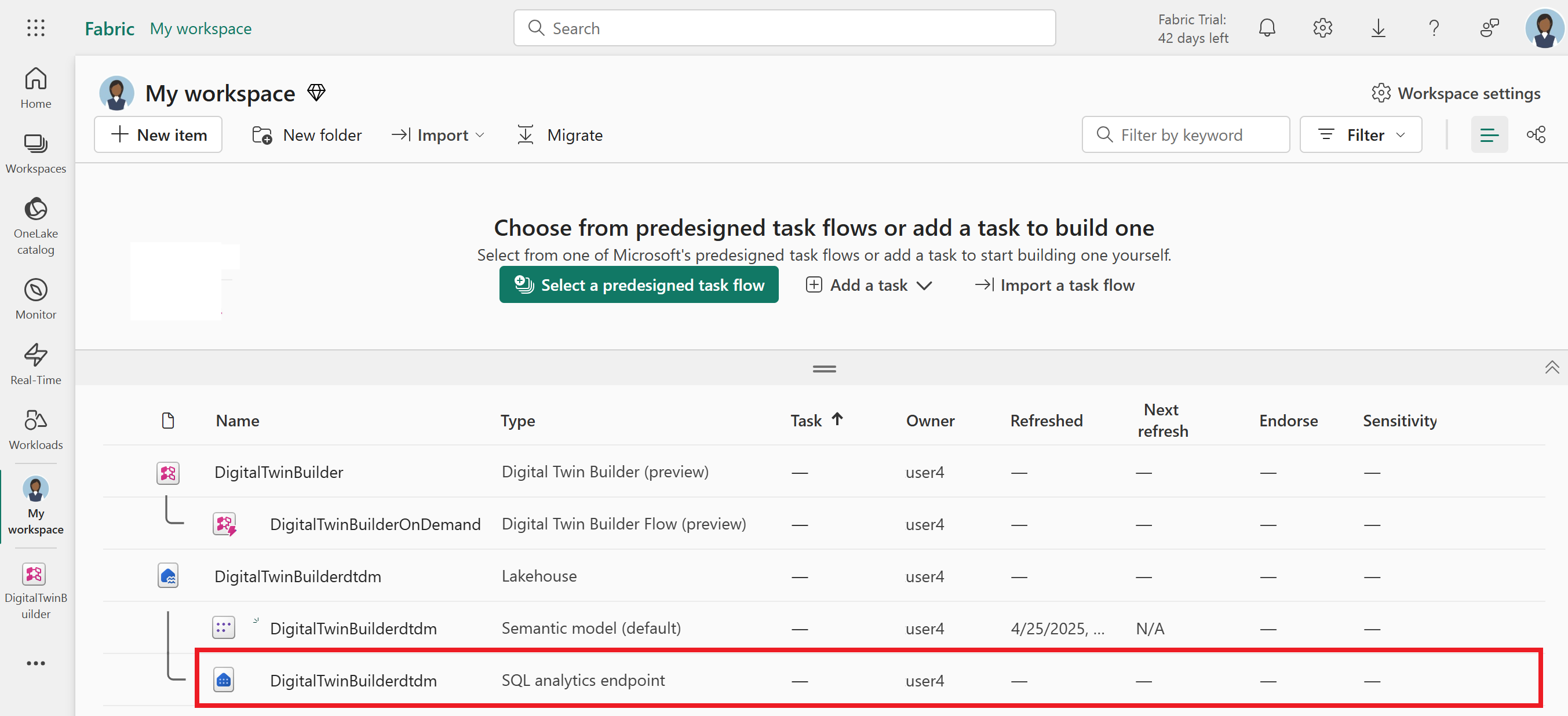 Screenshot of the SQL endpoint under the digital twin builder data lakehouse in Fabric workspace.