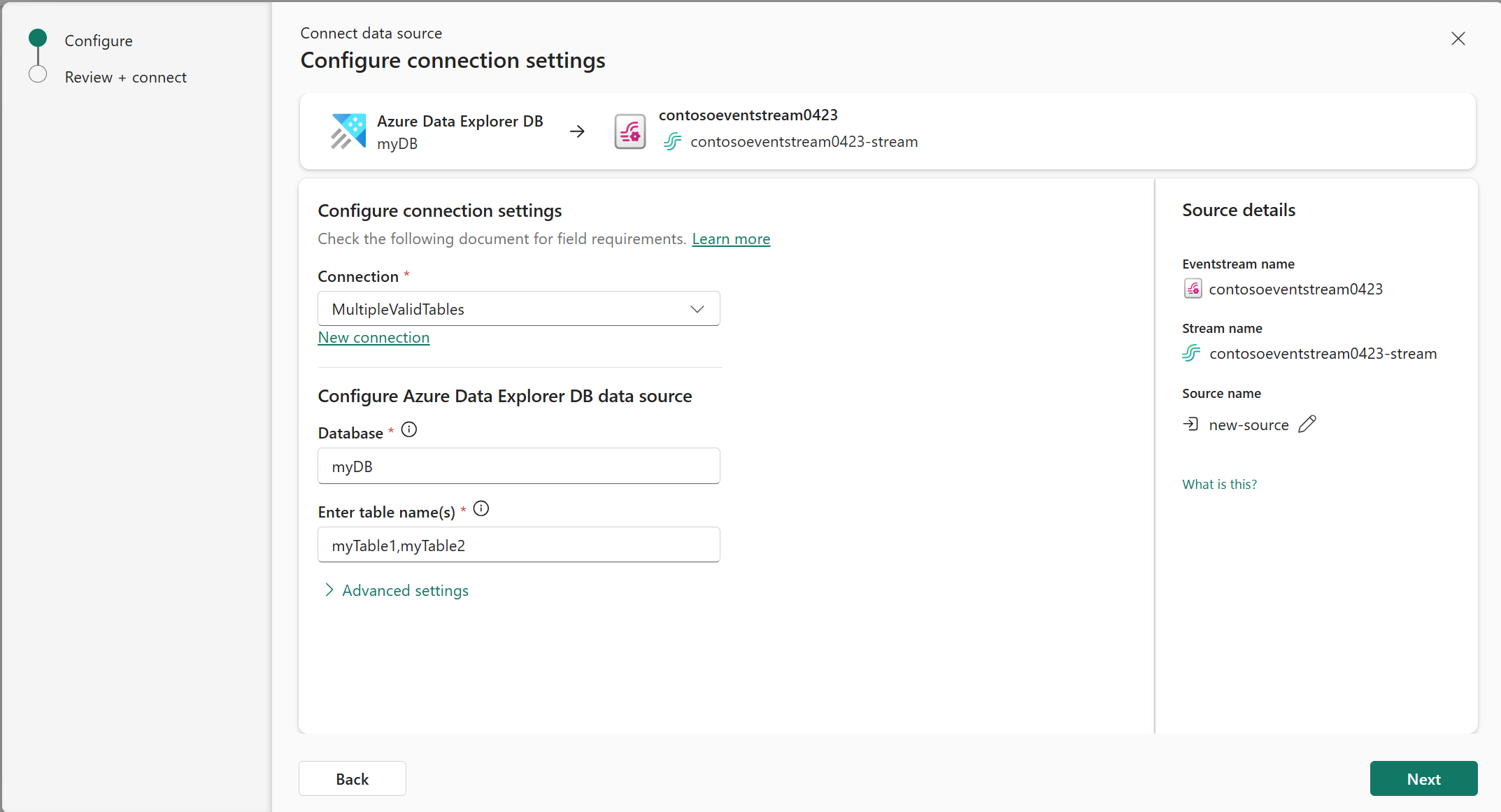 Screenshot that shows the connection settings completed.