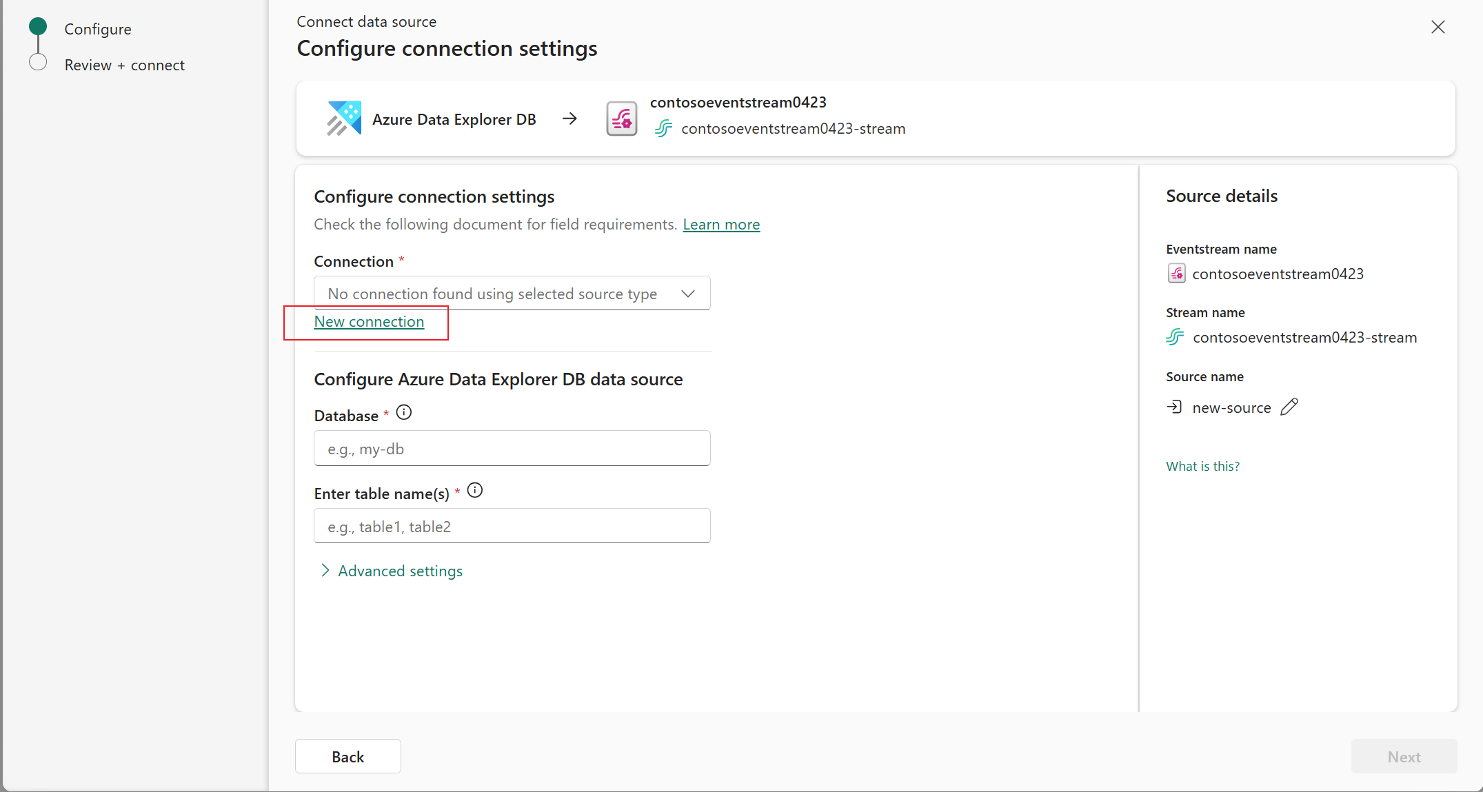 Screenshot that shows the Configuration connection settings page.