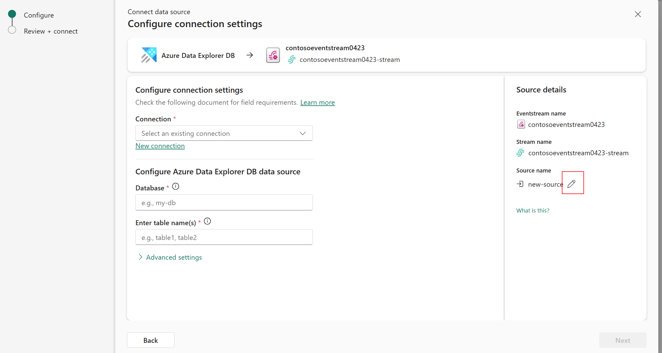 Screenshot that shows the Stream details section.
