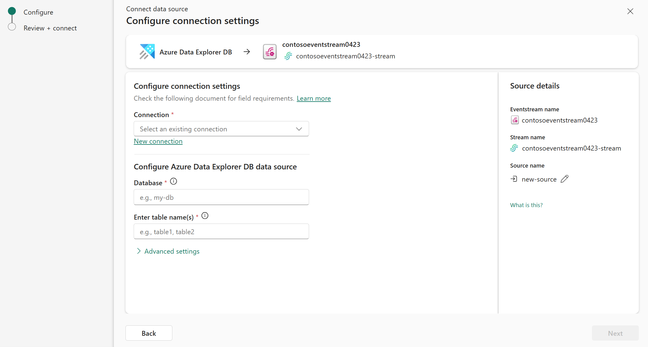 Screenshot that shows the Stream details section for the Azure Data Explorer connection settings.