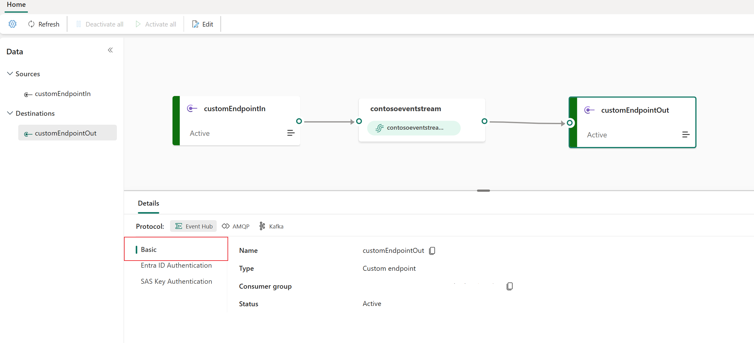Screenshot that shows basic details for a custom app on the Details pane of an eventstream.