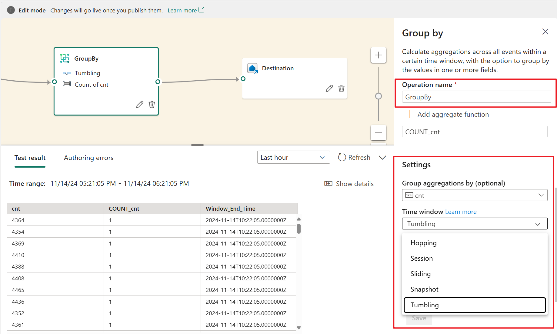 Screenshot showing the Group by operator available in the event processor editor.