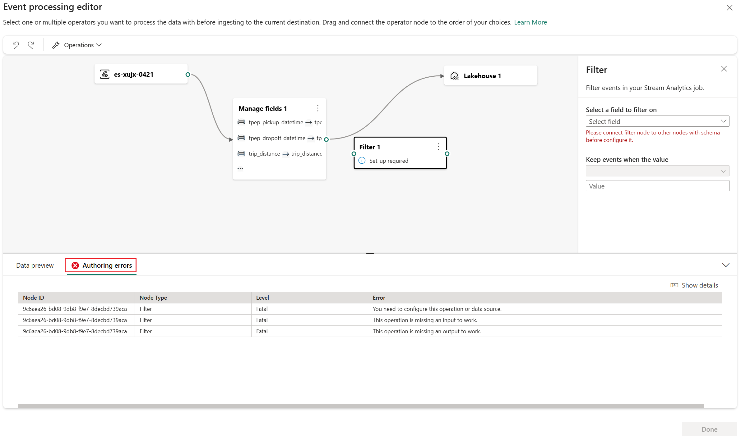 Screenshot showing the authoring error tab in event processor editor.