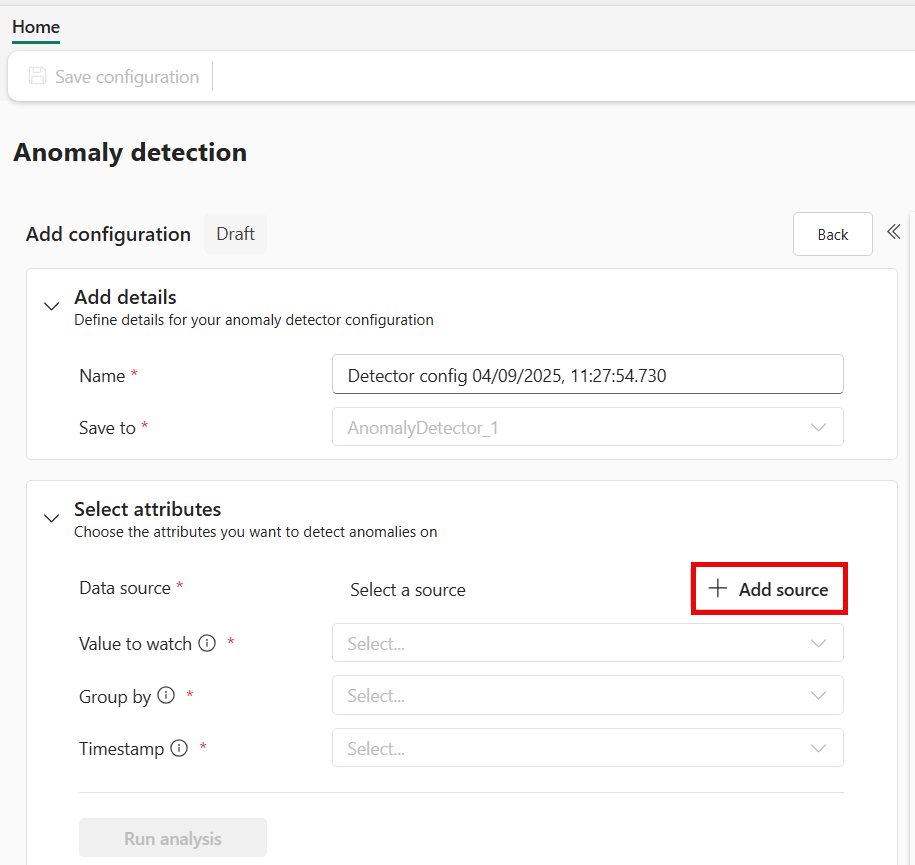 Screenshot of the Anomaly detection configuration pane with Data source option highlighted.