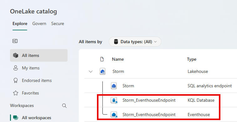 Screenshot of the Eventhouse endpoint and KQL database as child items of the Lakehouse in the OneLake catalog.