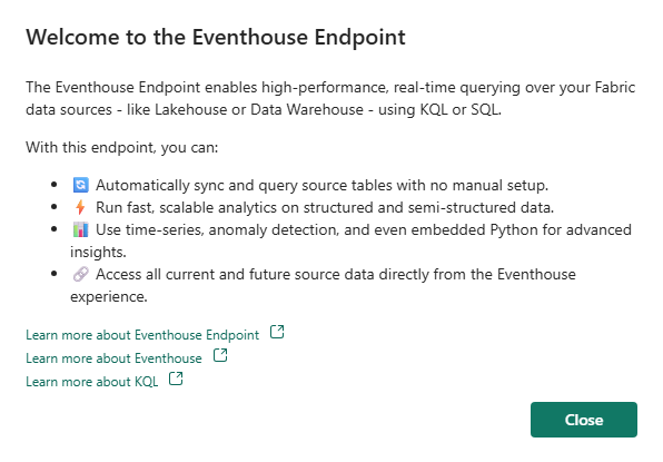 Screenshot of the welcome message for the Eventhouse endpoint.